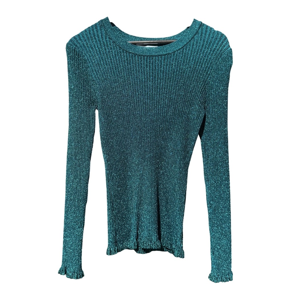 Milly Sweater Womens Large Jade Green Italian Crew Neck Pullover Metallic Ribbed